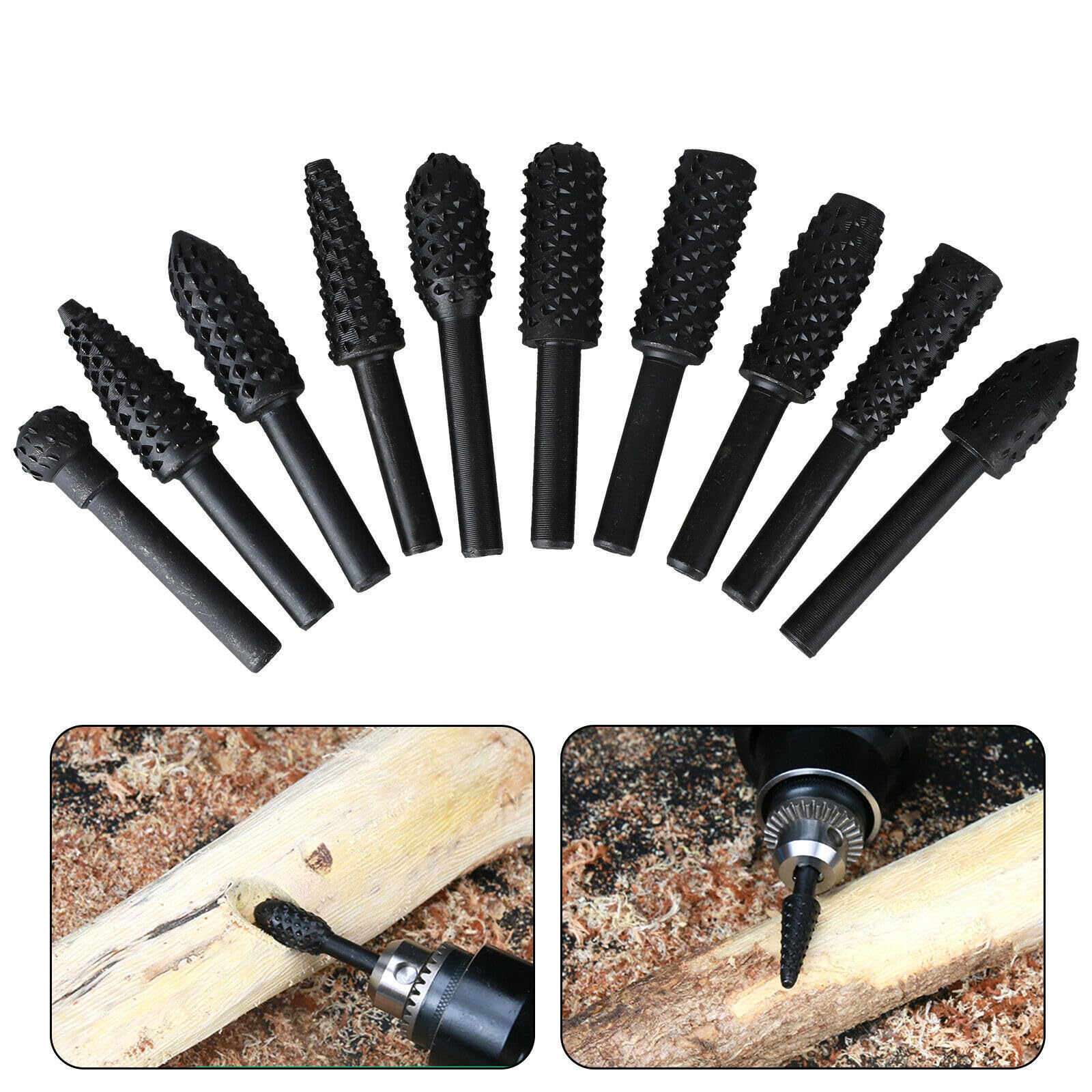 Takelablaze 10Pcs Rotary Burr Rasp Set Woodworking Twist Drill Bits with 1/4" Shank Wood Carving File Rasp Drill Bits Woodworking Twist Drill Bits for Wood Plastic Engraving Polishing Grinding, Black