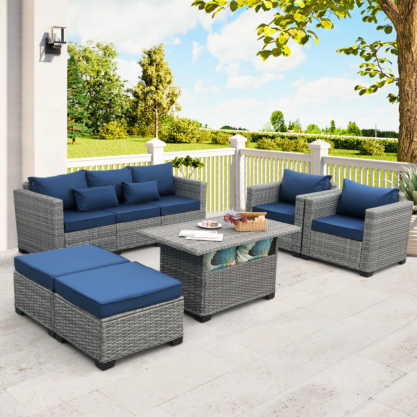 Rattaner Patio Furniture Set 6 Pieces Outdoor Furniture Set Outdoor Couch Coffee Table with Storage Non-Slip Cushions and Waterproof Covers, Navy Blue