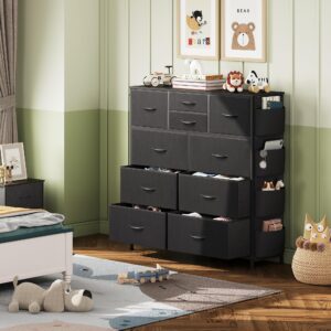 WLIVE Dresser for Bedroom with 10 Drawers, Fabric Dresser Chest of Drawers with Side Pockets and Hooks, Sturdy Metal Frame, Drawers Organizer Unit for Living Room, Hallway, Black