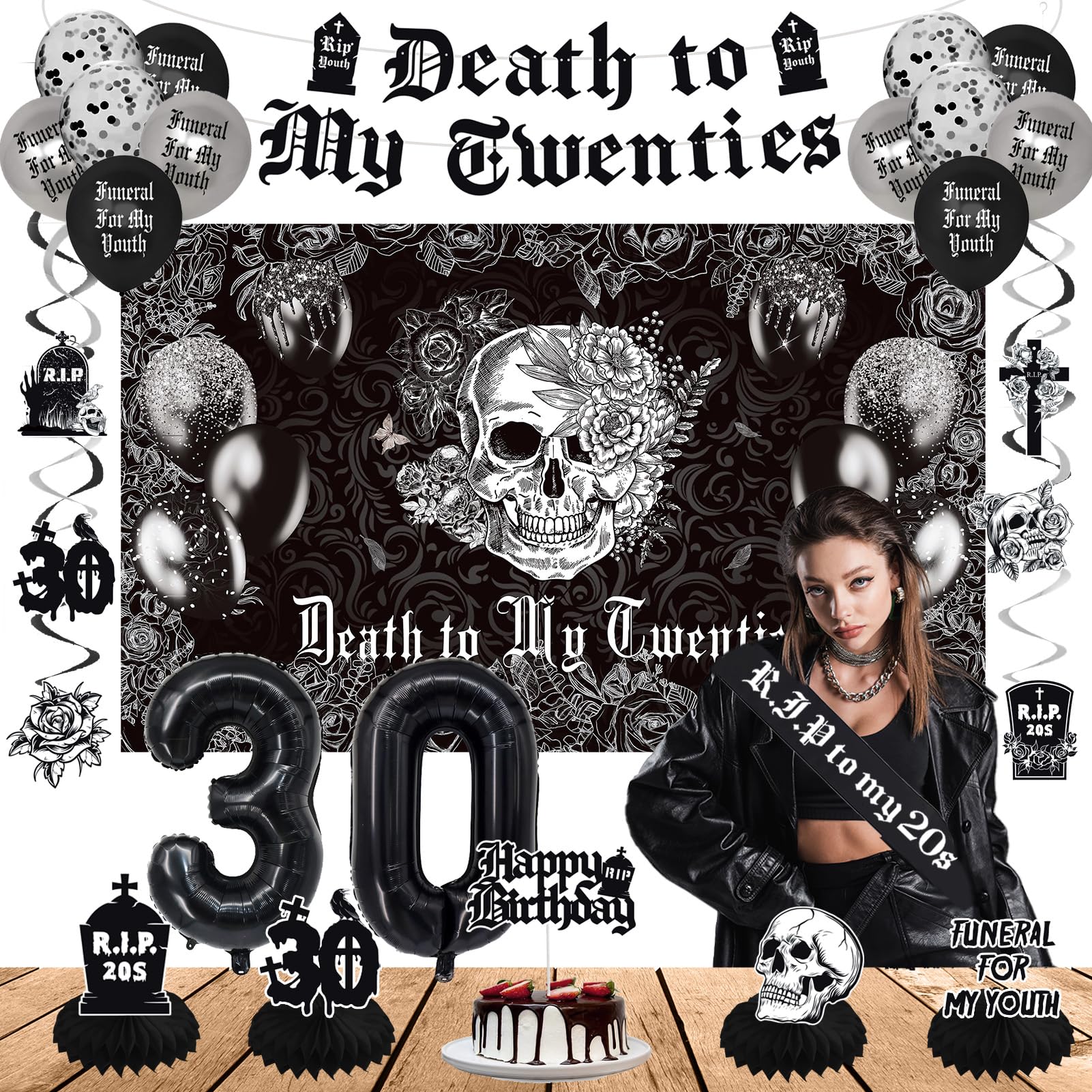 Crenics Death to My 20s Decorations - Death to My Twenties Backdrop, Banner, Honeycomb, Sash, Hanging Swirls, Cake Topper and Balloons for 30th Birthday Party Decorations for Her or Him