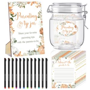 suzile 76 pcs baby shower game prizes advice baby shower to baby parenting tip jar sign for new parents 60 cards 12 pens 2 cute stickers 1 pet bottle for new parents guest party(pumpkin theme)