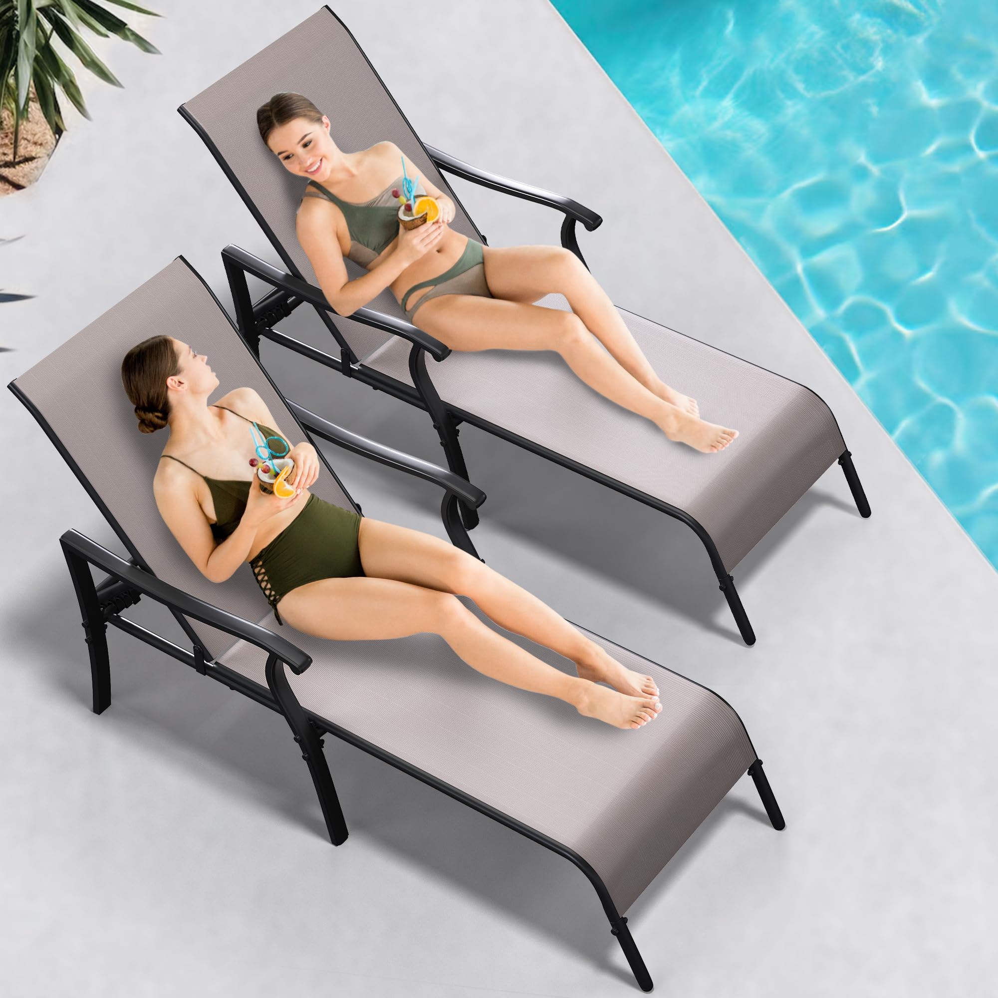 YITAHOME Outdoor Chaise Lounge Chair Set of 2, Aluminum Patio Lounge Chair with 5 Adjustable Positions, Textile Pool Chaise Lounger for Outdoor, Patio, Beach, Yard (Brown)