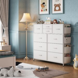 WLIVE White Dresser for Bedroom with 10 Drawers, Chest of Drawers with Side Pockets and Hooks, PU Storage Dresser, Sturdy Metal Frame, Drawers Organizer Unit for Living Room, Hallway, Closet