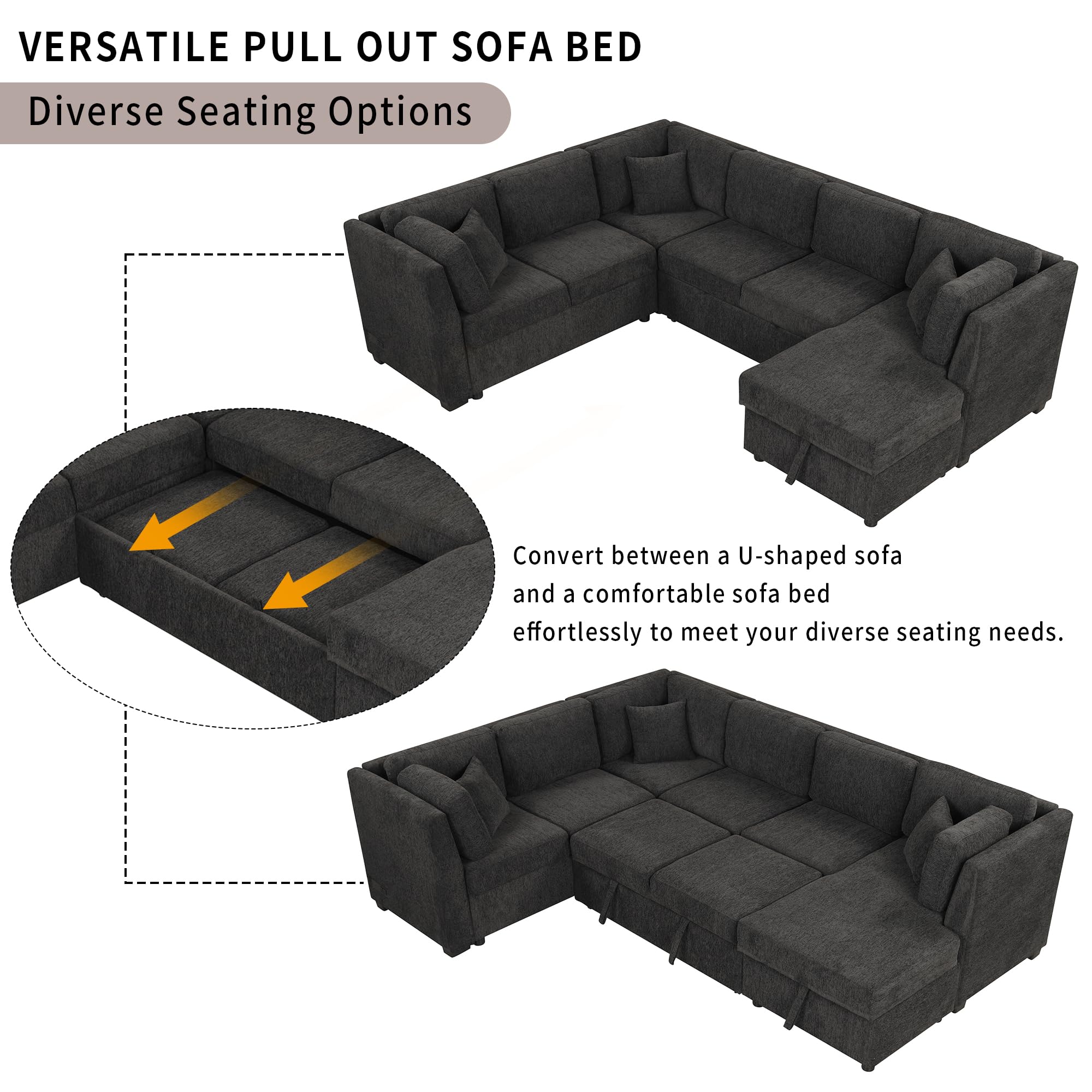 HABITRIO Sectional Sofa Bed with Storage Chaise, U Shaped Sectional Sofa with 3 Back Pillows, Pull Out Sofa Bed with 2 USB Ports for Living Room, Home, Office (Black)