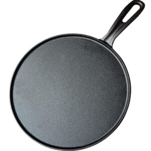 la cuisine crepe tawa pan for roti dosa comale – griddle pizza pan cast iron pre-seasoned, 11 inch / 28cm diameter, oven safe, pfoa free.