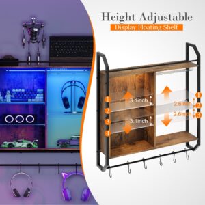 Sttoraboks Gaming Floating Shelves Glass Holder LED Wall Mounted Shelf with Adjustable Acrylic Pipe Shelving Modern Display Storage Rack Bookshelf with 6 S-Hooks for Living Room Wine Coffee Bar Décor