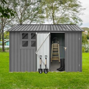 Morhome 8x6 FT Outdoor Storage Shed with Windows, Tool Garden Metal Sheds with Lockable Door, Outside Waterproof Galvanized Steel Storage House for Backyard Garden, Patio, Lawn