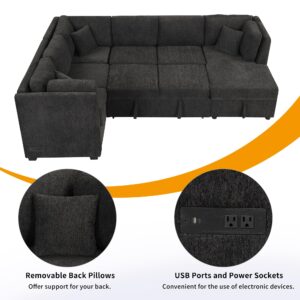 HABITRIO Sectional Sofa Bed with Storage Chaise, U Shaped Sectional Sofa with 3 Back Pillows, Pull Out Sofa Bed with 2 USB Ports for Living Room, Home, Office (Black)