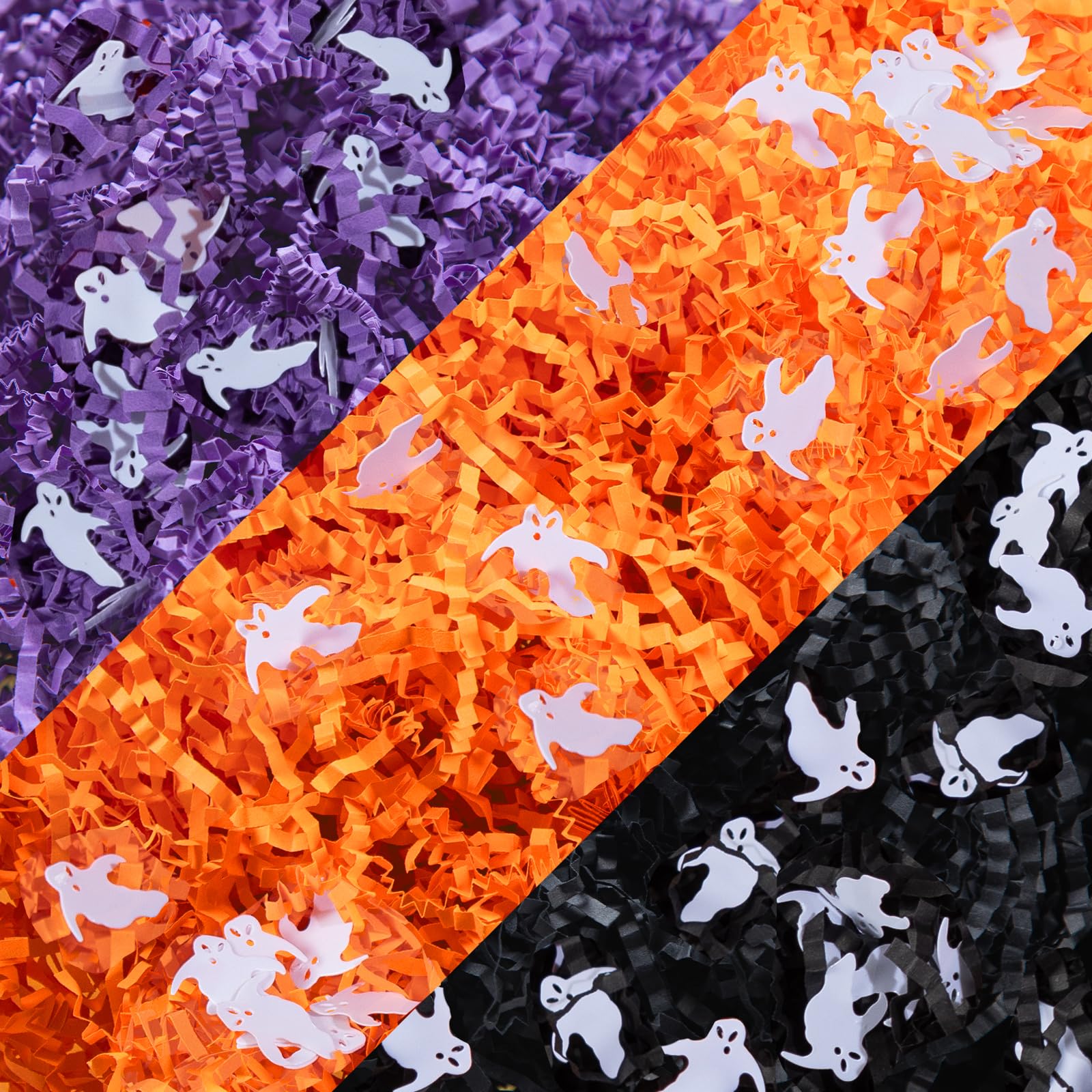 Jocomoni 12.3oz Halloween Crinkle Cut Paper Sherd Filler Black Orange Purple Crinkle Cut Paper with Ghost Confetti for Halloween Party Supply