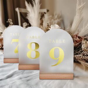 organteam gold wedding table numbers 1-10 with wooden stands, frosted acrylic table numbers for wedding, 5x7" arch table signs perfect for rustic wedding restaurant decoration party anniversary event(frosted gold font, table number 1-10)