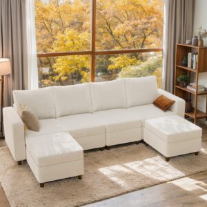 VINGLI 108" U-Shaped Storage Modular Sectional Sofa Sleeper in USB Built-in Charger, Convertible Couch Bed with High-Resilience Foam, 4 Deep Seaters Module/2 Ottomans(Chaises),Chenille/Cream White