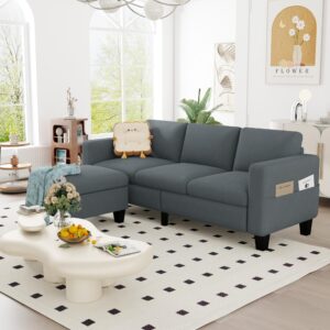 zeefu convertible sectional sofa couch,classic 3 seat l-shaped sofa with movable ottoman, modern dark grey velvet fabric upholstered small sectional sofa couch for small apartment living room office