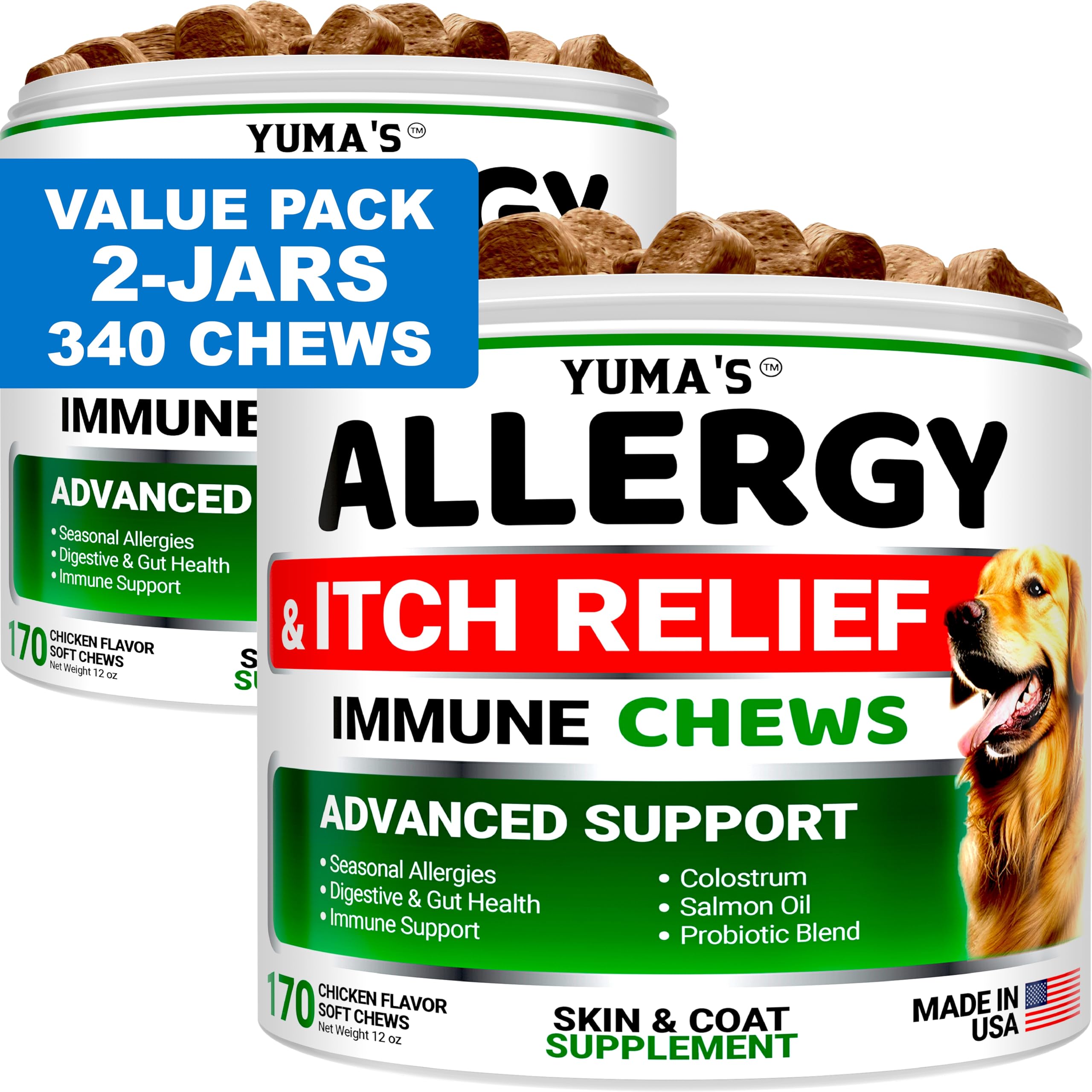 YUMA'S 2-Pack Dog Allergy Relief Chews - Dog Itching Skin Relief Treatment Pills - Anti-Itch for Dogs - Itchy and Paw Licking - Dry Skin & Hot Spots - Omega 3 Fish Oil - Skin & Coat Supplement