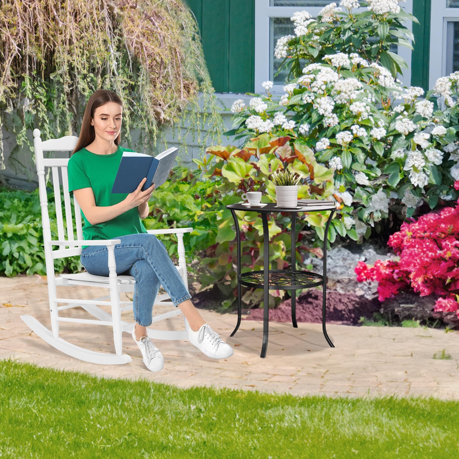 VINGLI Wooden Rocking Chair Outdoor, Patio Rockers with High Back, Support 450 LBS Rocking Chairs, for Porch, Patio, Balcony, Garden, Yard (White, 1 PC)