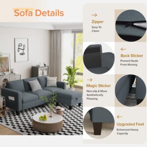 ZeeFu Convertible Sectional Sofa Couch,Classic 3 Seat L-Shaped Sofa with Movable Ottoman, Modern Dark Grey Velvet Fabric Upholstered Small Sectional Sofa Couch for Small Apartment Living Room Office