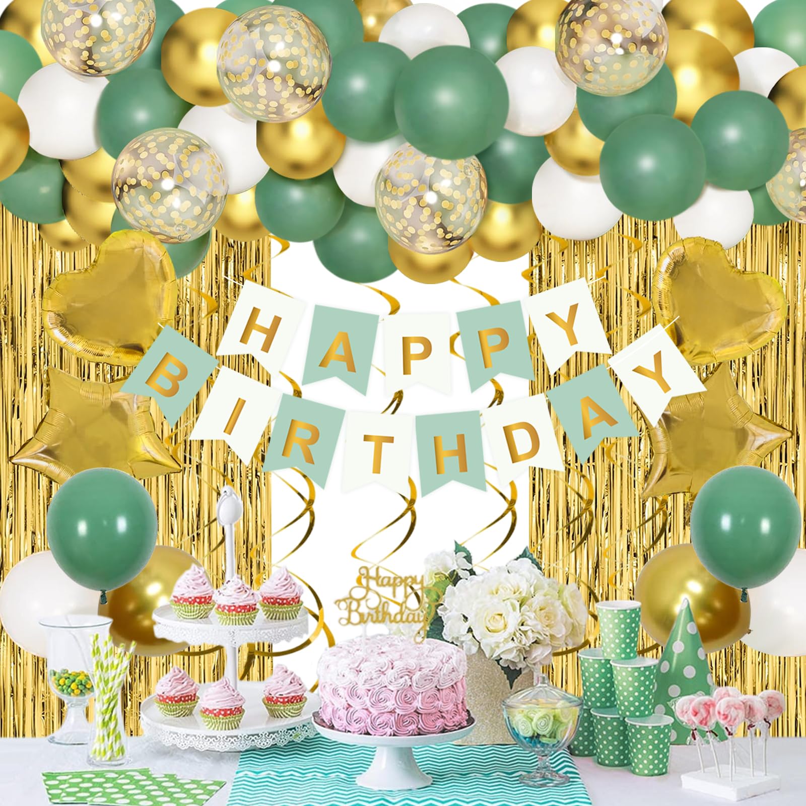 Sage Green Birthday Party Decorations, Balloon Garland Arch Kit, Happy Birthday Banner, Shiny Fringe Curtain, Heart Star Foil Balloons, Hanging Swirls, Baby Shower Birthday Party Supplies