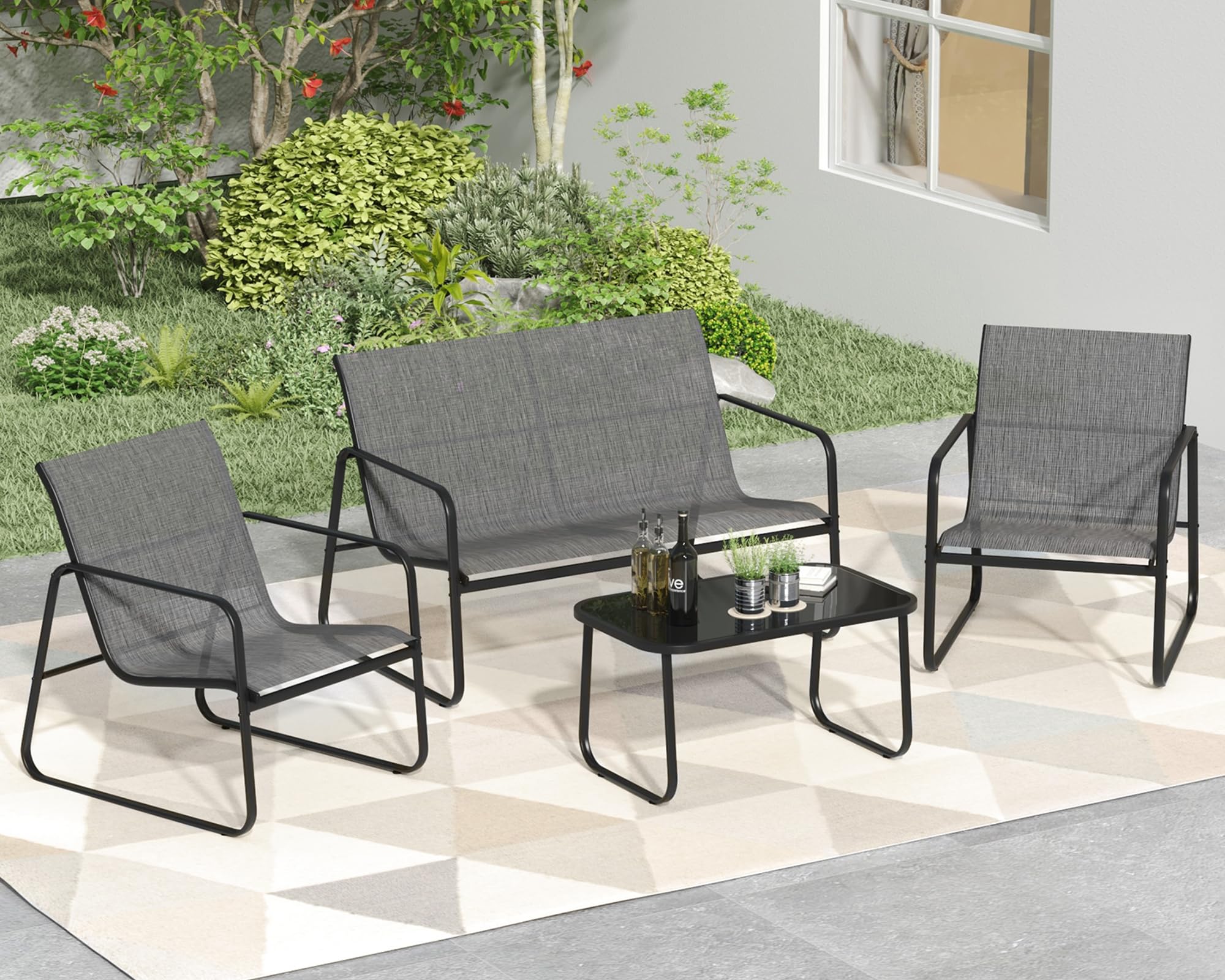 PIZZELLO 4 Pieces Patio Furniture Set Outdoor Garden Patio Conversation Sets with 2 Porch Chairs, Loveseat and Glass Coffee Table, Textilene Bistro Set (Black and Grey)