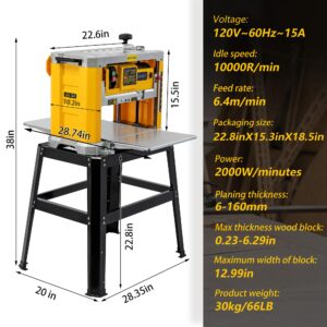 Benchtop Planer, Three-Solid Steel Blade Benchtop Thickness Planer, 20,000 RPM, 15-Amp, Corded, Dust removal system (Planer with Stand)