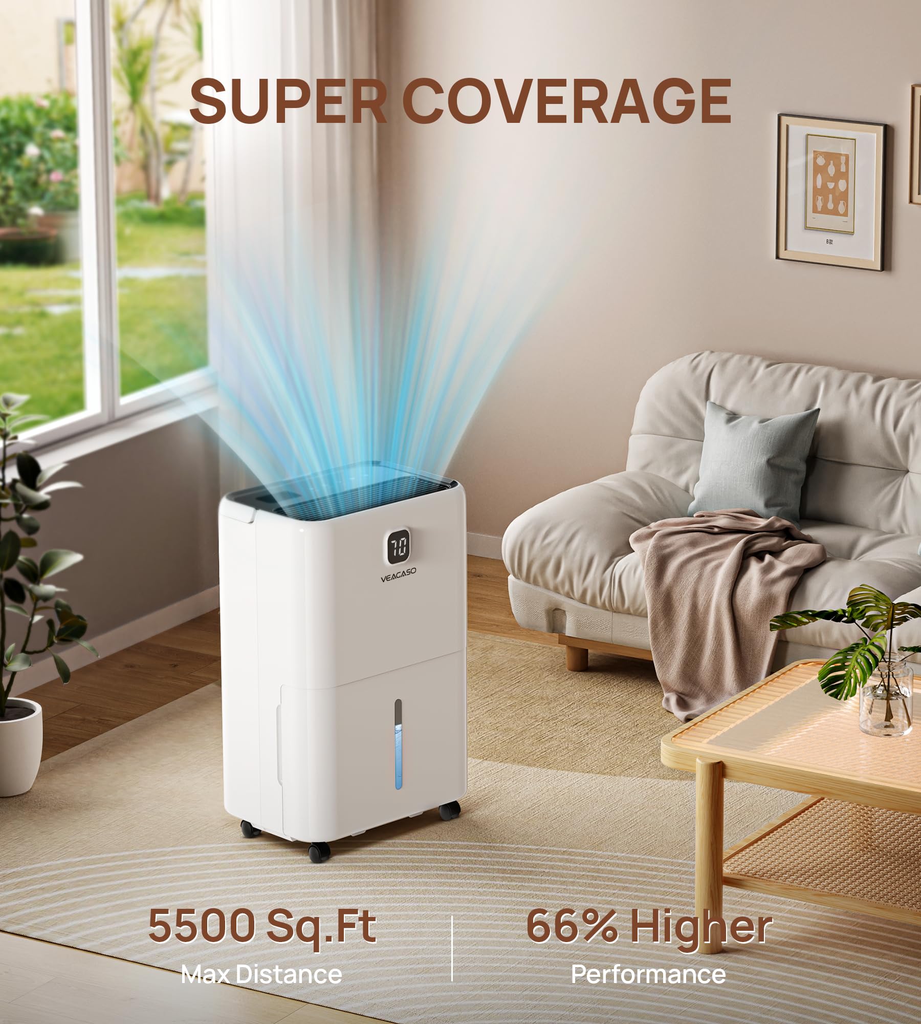 5,500 Sq. Ft Dehumidifier for Basement, VEAGASO 80 Pints Dehumidifiers for Home, Large Room, Bedroom with Drain Hose, Intelligent Humidity Control, Auto Shut Off, Auto Defrost, 1.37 Gal Water Tank