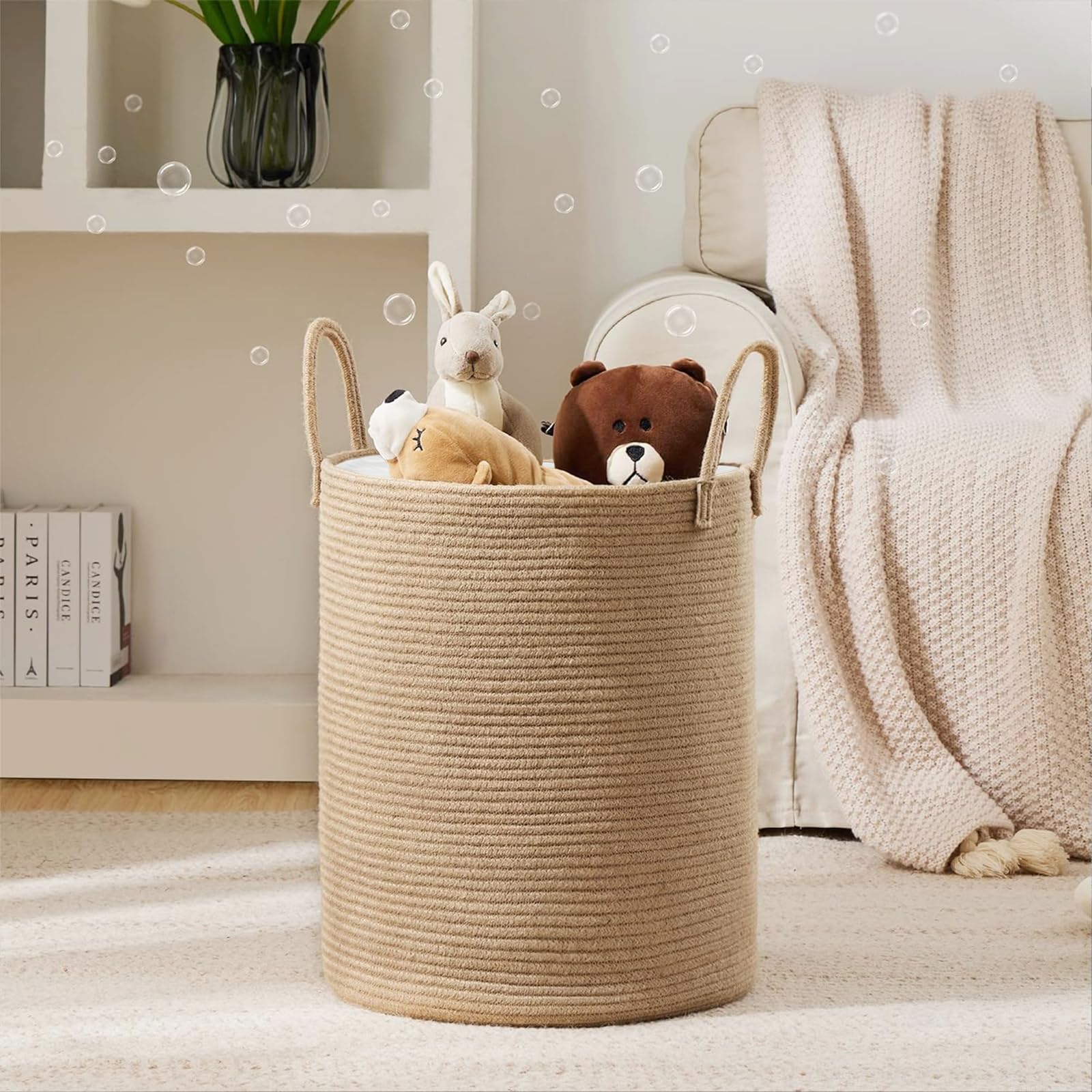 YOUDENOVA Laundry Hamper Basket with Linen Lid, Woven Tall 58L Laundry Basket for Blanket Organizer- Nursery Hamper for Bedroom Storage