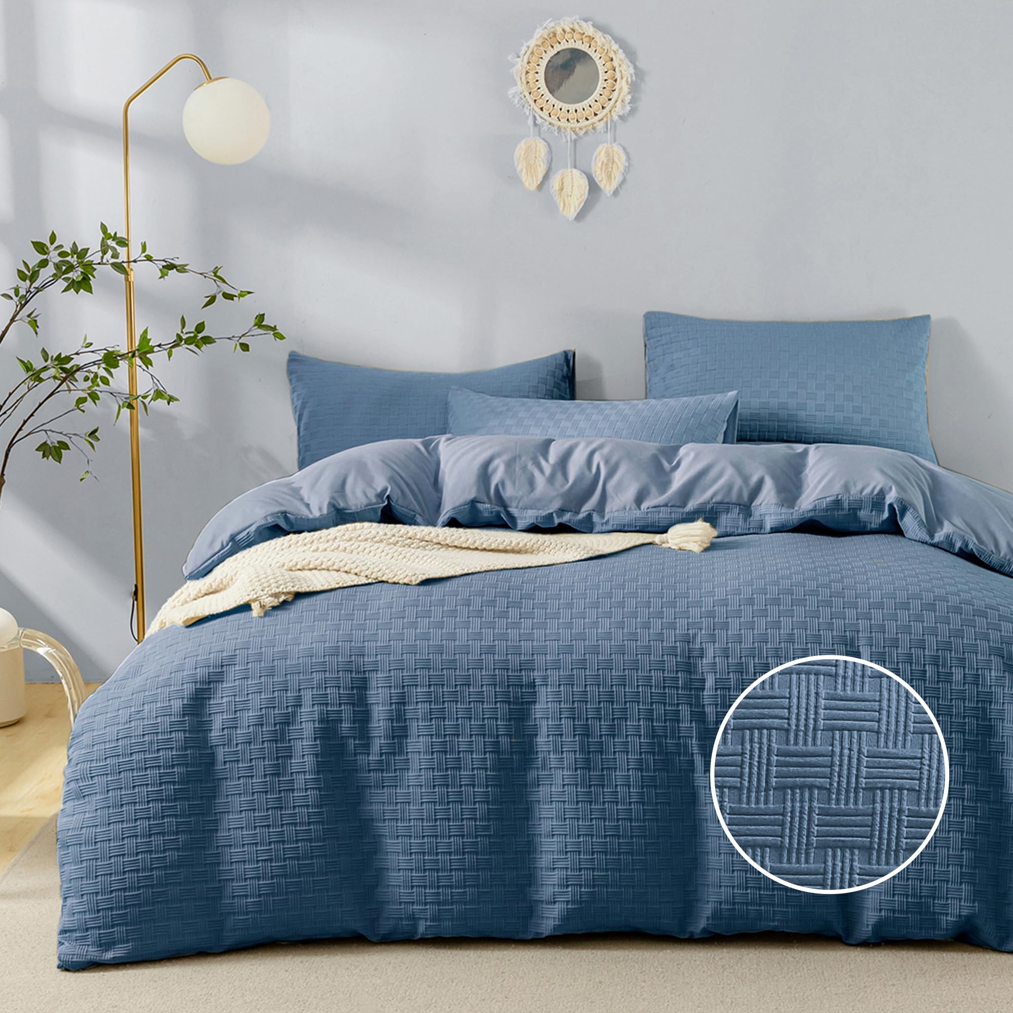 JELLYMONI Blue Duvet Cover Twin Size - 3 Pieces Soft and Breathable Microfiber Knitted Jacquard Waffle Weave Striped Comforter Cover with 8 Corner Ties & Zipper Closure