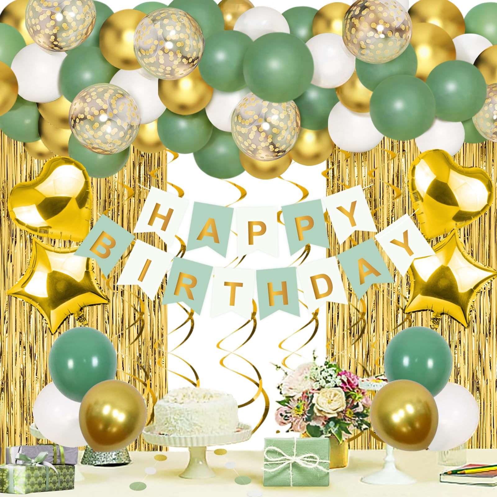 Sage Green Birthday Party Decorations, Balloon Garland Arch Kit, Happy Birthday Banner, Shiny Fringe Curtain, Heart Star Foil Balloons, Hanging Swirls, Baby Shower Birthday Party Supplies