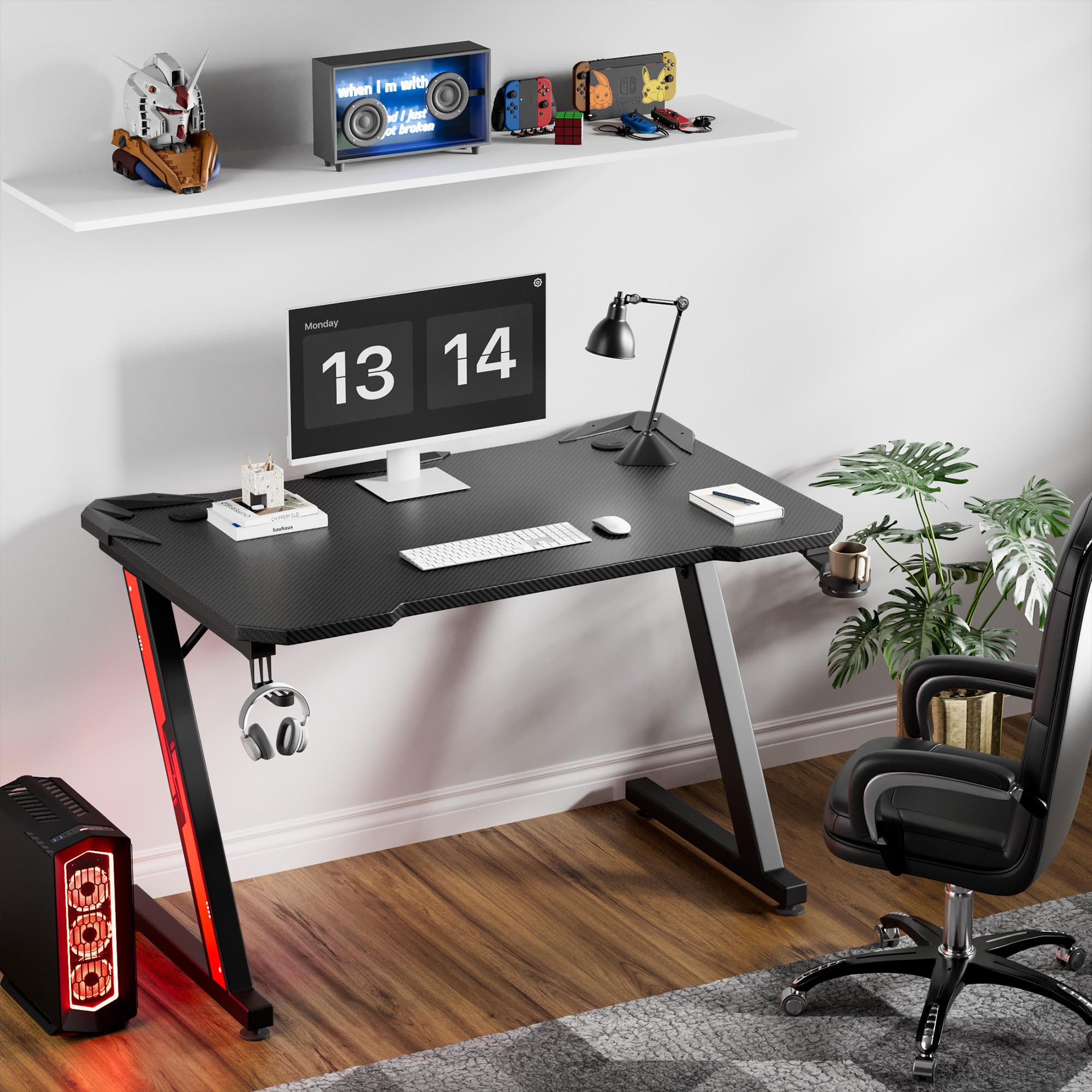 Furmax Gaming Desk Computer Desk Z-Shaped Gaming Table with Carbon Fibre Surface Home Office Desk PC Workstation Desk with Cup Holder, Headphone Hook Modern Style Desk (Black, 44 inch)