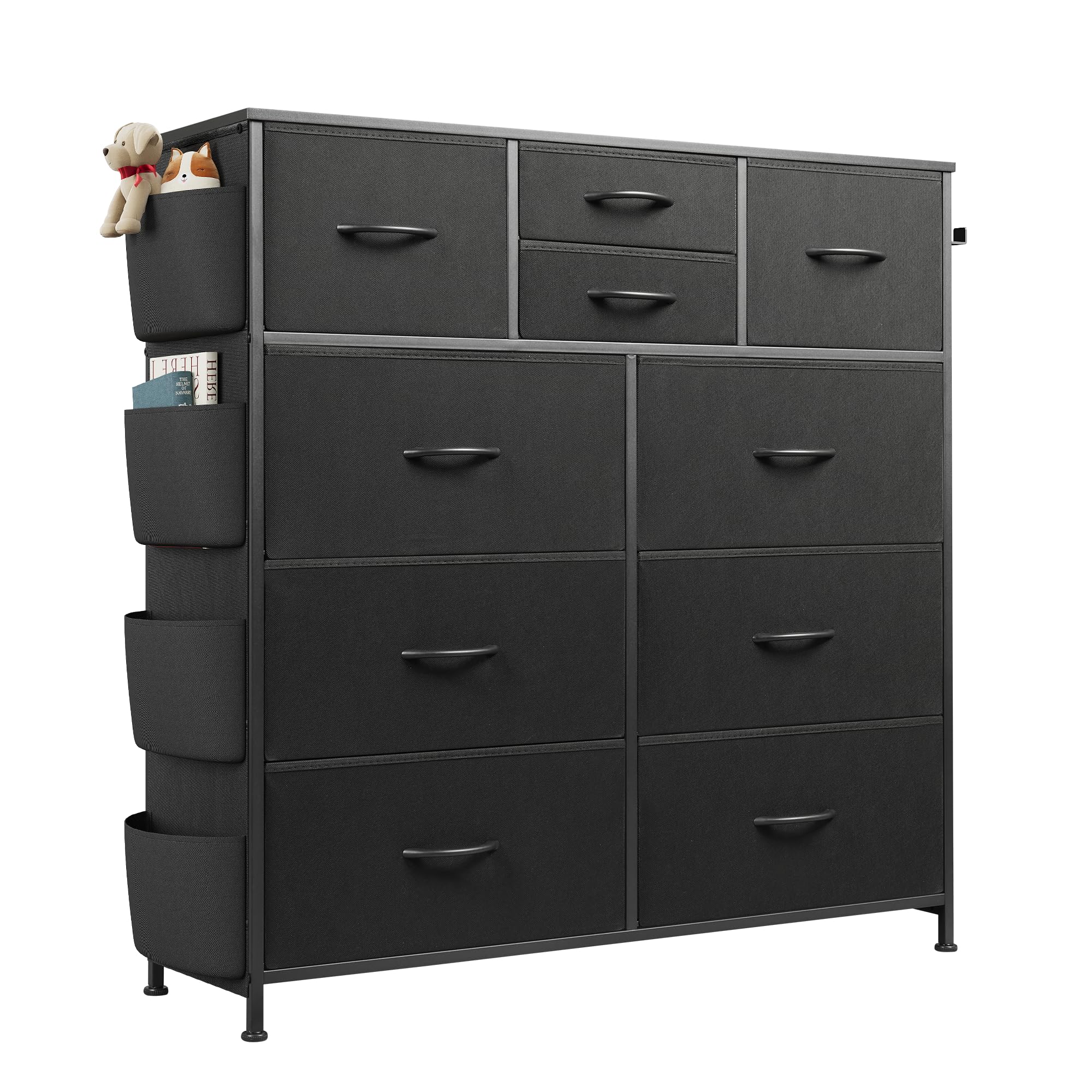 WLIVE Dresser for Bedroom with 10 Drawers, Fabric Dresser Chest of Drawers with Side Pockets and Hooks, Sturdy Metal Frame, Drawers Organizer Unit for Living Room, Hallway, Black