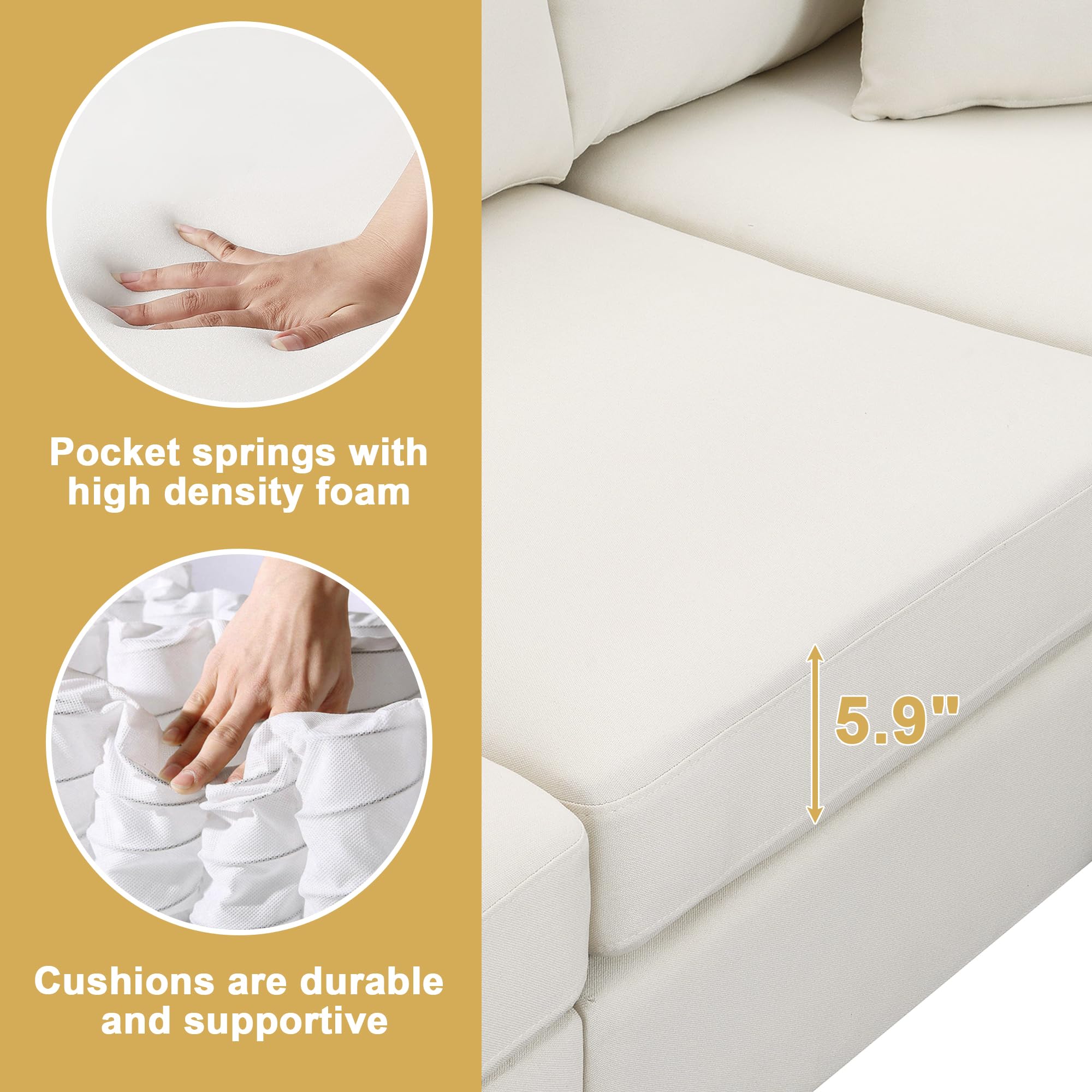 90" Modular Sectional Sofa with Convertible Ottoman, 5 Seats L-Shape Reversible Solid Corner Sofa with 2 Pillows, Linen Modern Sleeper Couch for Living Room, Apartment, Office (Cream White)