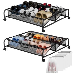 rj-global under bed shoe storage with wheels, 2 pack under bed shoe organizer with metal & mesh cloth, rolling under bed storage containers, shoe rack under the bed for apartment space saving (large)