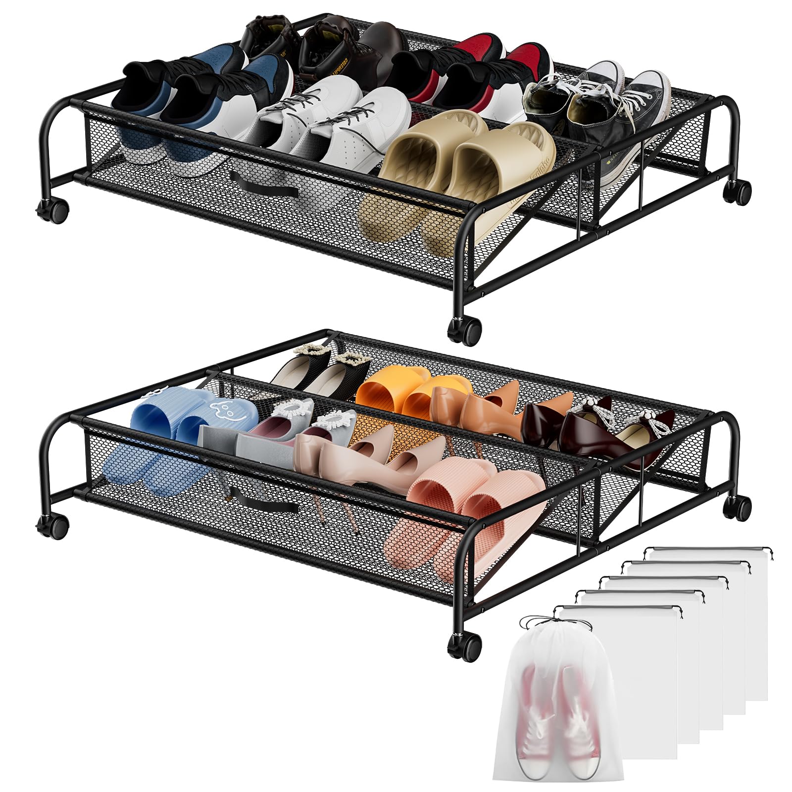 RJ-Global Under Bed Shoe Storage with Wheels, 2 Pack Under Bed Shoe Organizer with Metal & Mesh Cloth, Rolling Under Bed Storage Containers, Shoe Rack Under the Bed for Apartment Space Saving (Large)