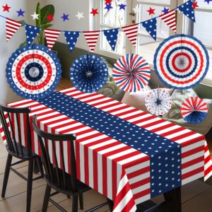 HOOSUN 4th of July Decorations Set, 9 Pcs Red White and Blue Paper Fans Patriotic Decor, USA Pennant Bunting,Star Streamers,Patriotic Tablecloth for Fourth of July Party Supplies, Memorial Day Decor