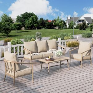 hera's house patio furniture set, 2 x cushioned leg chair, 3-seat sofa with wood grain coffee table, 5 seats luxury windsor style all weahter outdoor sofa conversation set for deck lawn backyard