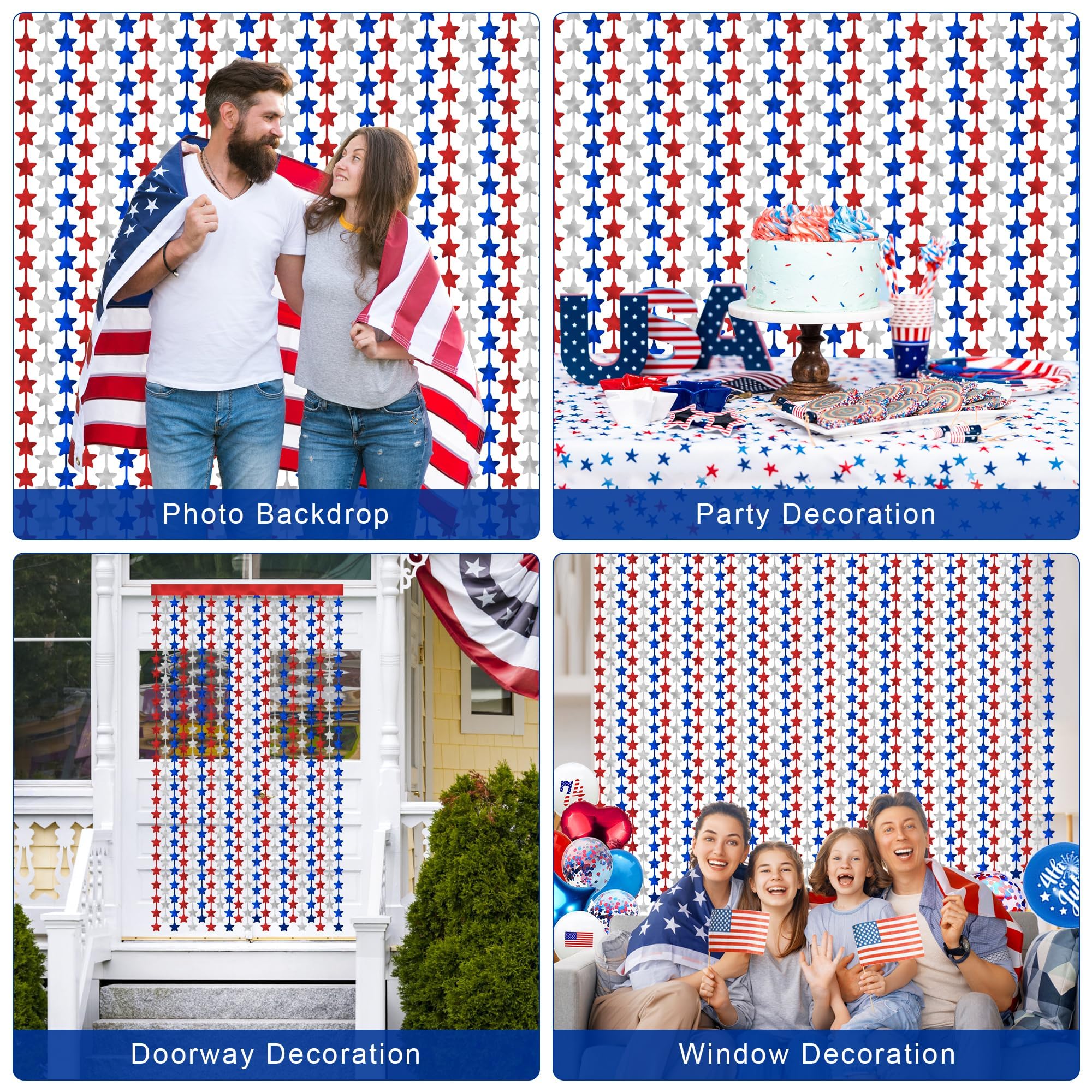 HOOSUN Patriotic Decorations Backdrop,2 Pack Red White and Blue Party Photo Backdrop Patriotic Tinsel Foil Fringe Curtains,Red White and Blue Streamers Tinsel Backdrop Decor for Home,Front Door