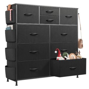 wlive dresser for bedroom with 10 drawers, fabric dresser chest of drawers with side pockets and hooks, sturdy metal frame, drawers organizer unit for living room, hallway, black