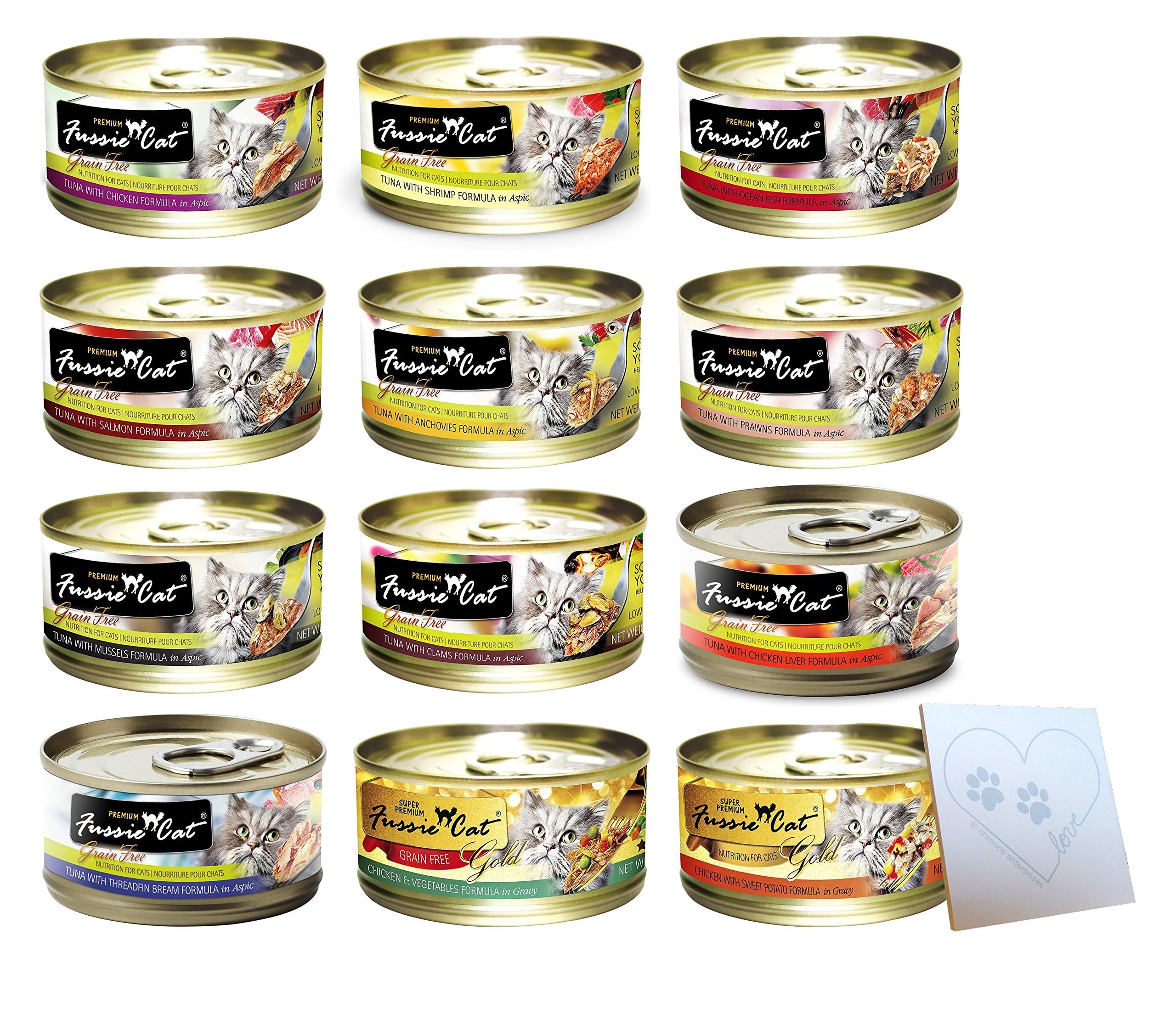 Fussie-Cat Premium Grain-Free Cat Food Variety Pack - 12 Flavors: Tuna & Shrimp, Chicken & Liver, Tuna & Prawn, Tuna & Bream, Chicken & Vegetable, and More! (12 Cans Total)