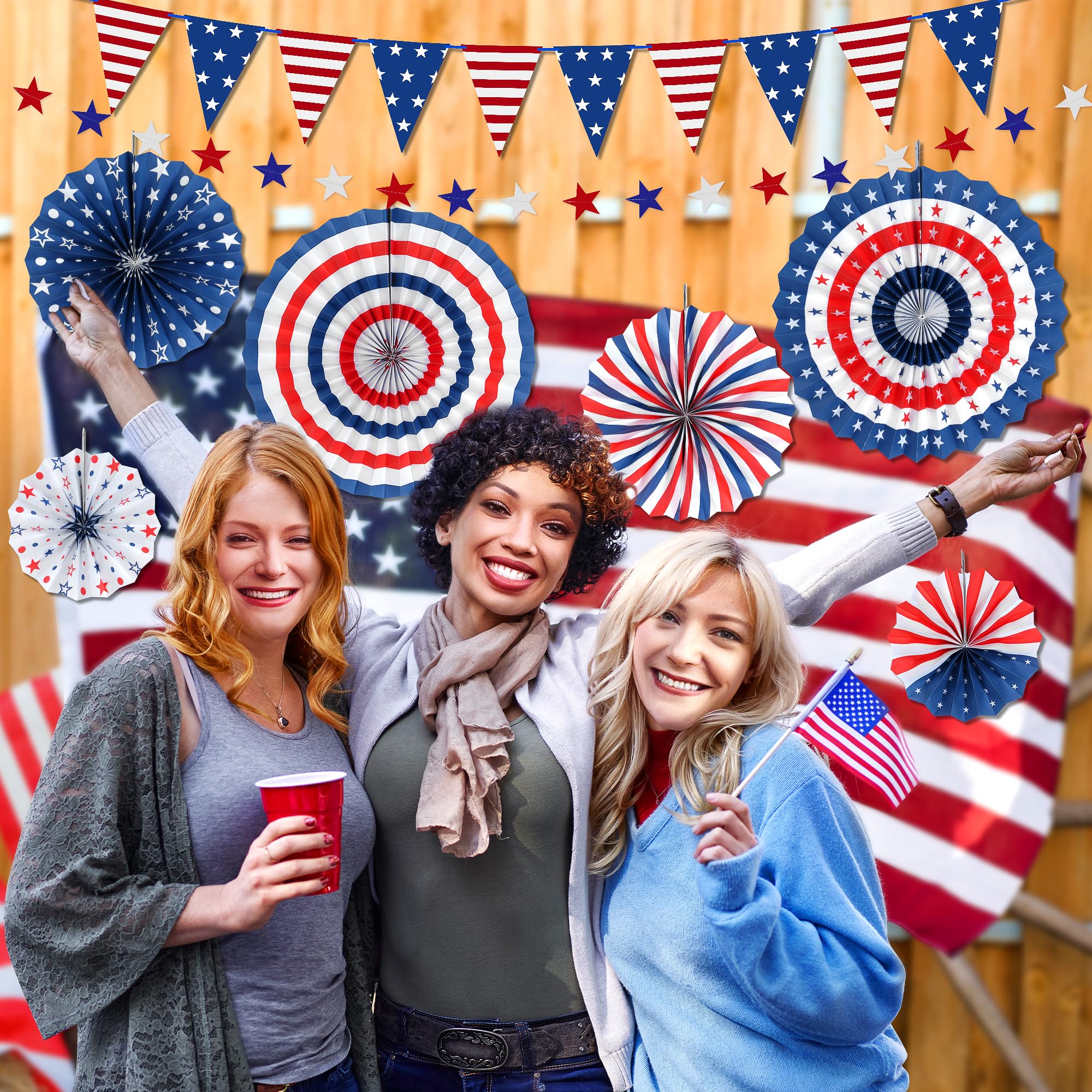 HOOSUN 4th of July Decorations Set, 9 Pcs Red White and Blue Paper Fans Patriotic Decor, USA Pennant Bunting,Star Streamers,Patriotic Tablecloth for Fourth of July Party Supplies, Memorial Day Decor