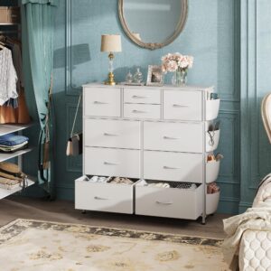 WLIVE White Dresser for Bedroom with 10 Drawers, Chest of Drawers with Side Pockets and Hooks, PU Storage Dresser, Sturdy Metal Frame, Drawers Organizer Unit for Living Room, Hallway, Closet