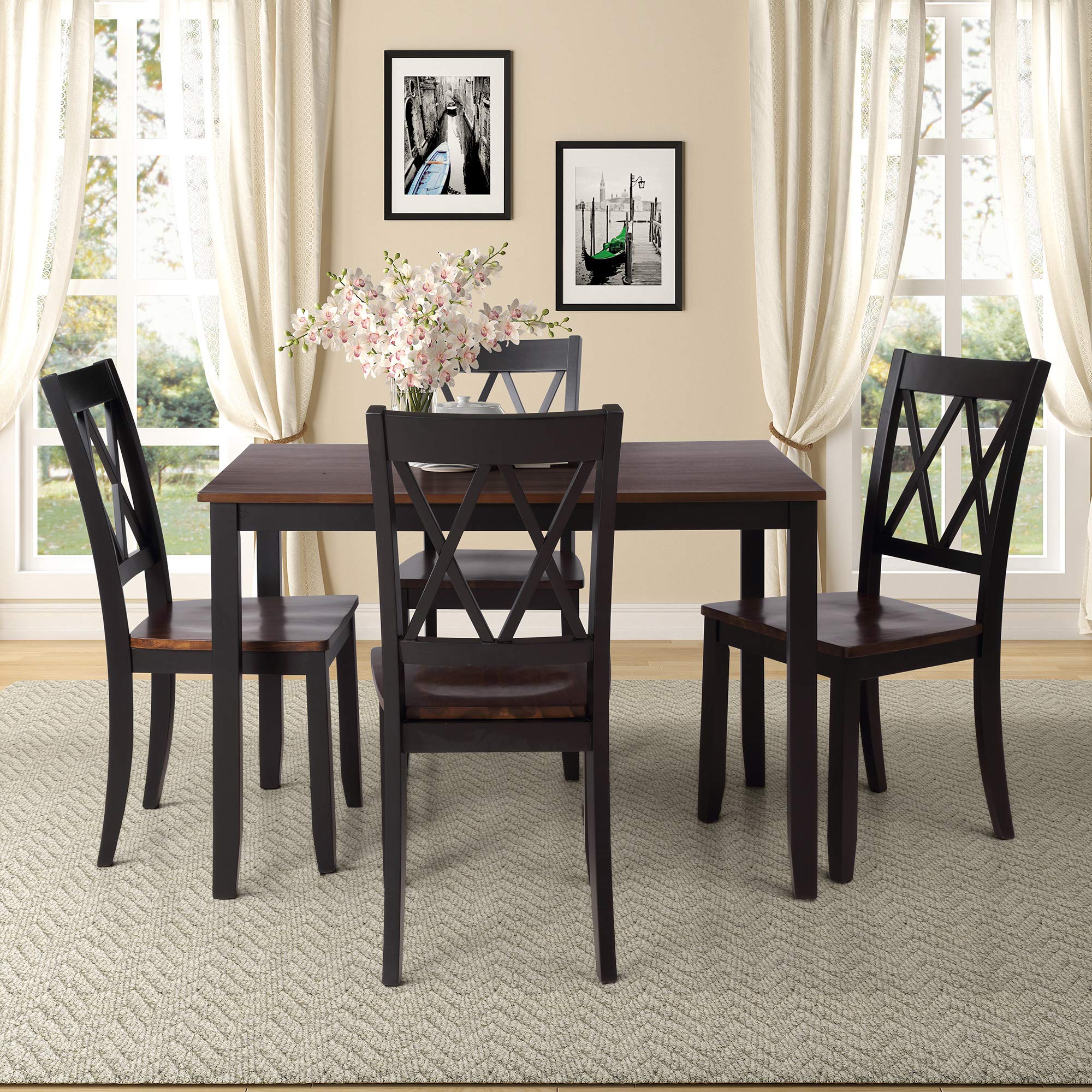 Luxo Abode Farmhouse Style 5 Piece Dining Comfortable Table Set with 4 Chairs, Long-Lasting Solid Wood Home Kitchen Set, Easy Assembly and Clean, for Dining Room, Kitchen, Black