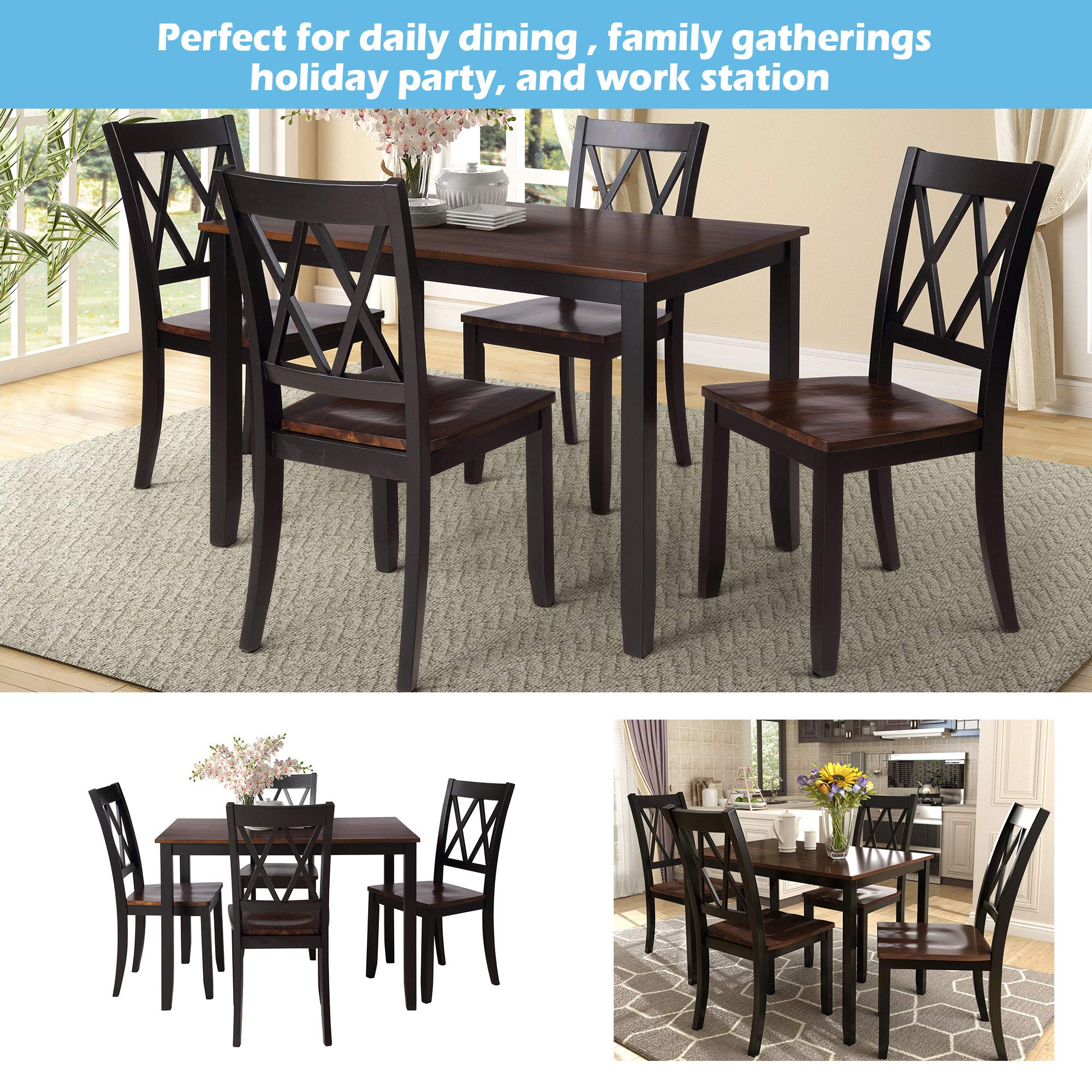 Luxo Abode Farmhouse Style 5 Piece Dining Comfortable Table Set with 4 Chairs, Long-Lasting Solid Wood Home Kitchen Set, Easy Assembly and Clean, for Dining Room, Kitchen, Black