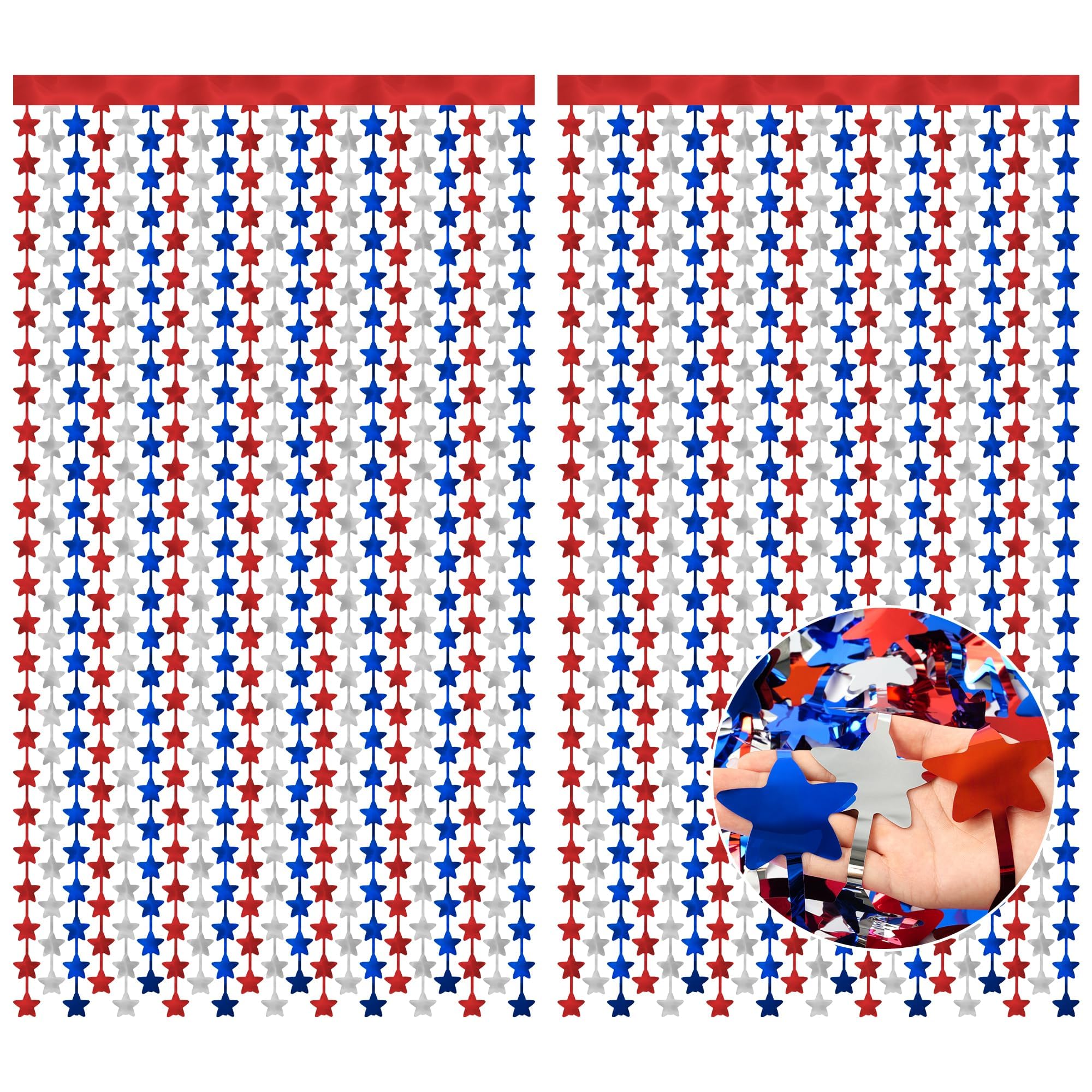 HOOSUN Patriotic Decorations Backdrop,2 Pack Red White and Blue Party Photo Backdrop Patriotic Tinsel Foil Fringe Curtains,Red White and Blue Streamers Tinsel Backdrop Decor for Home,Front Door