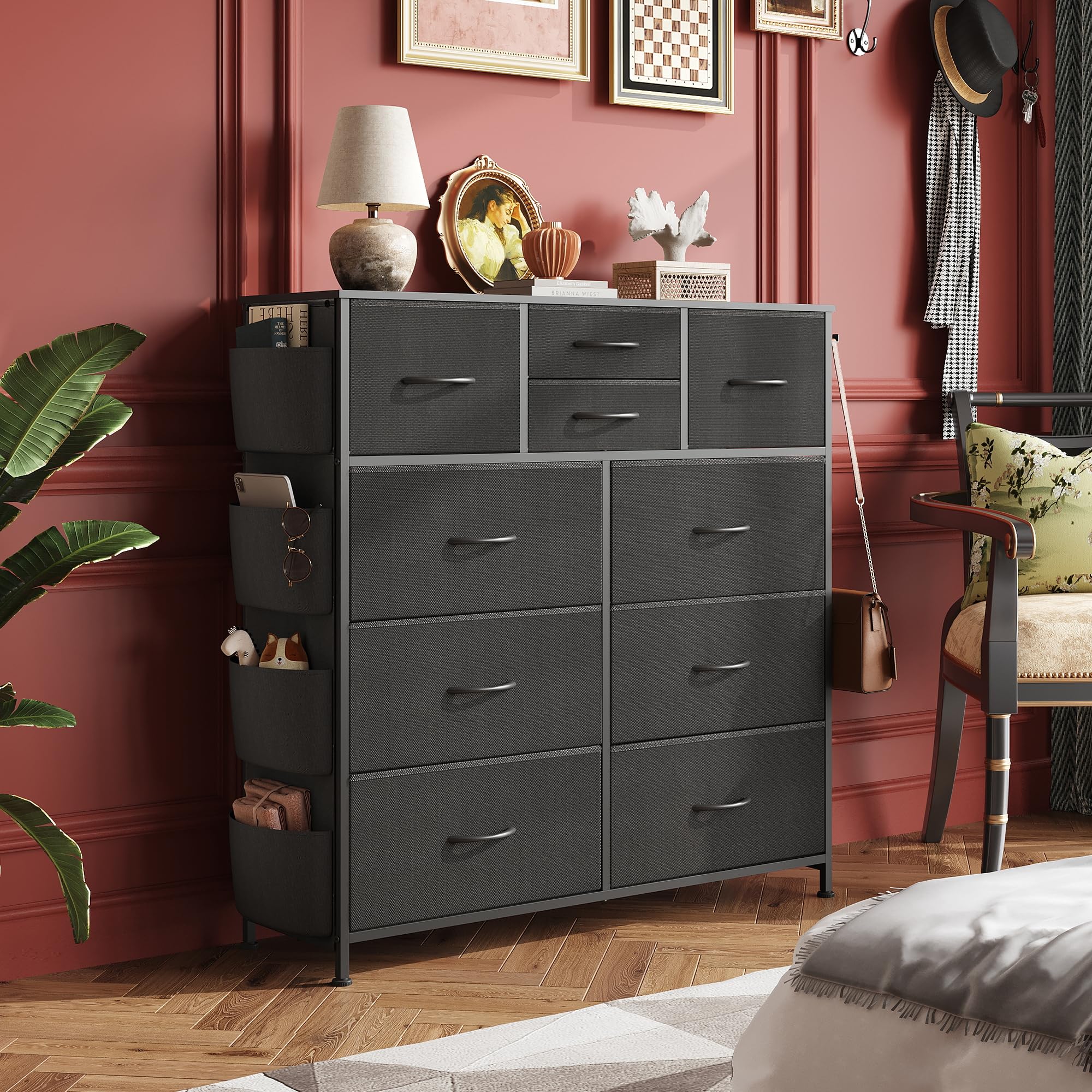 WLIVE Dresser for Bedroom with 10 Drawers, Fabric Dresser Chest of Drawers with Side Pockets and Hooks, Sturdy Metal Frame, Drawers Organizer Unit for Living Room, Hallway, Black