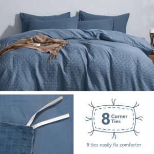 JELLYMONI Blue Duvet Cover Queen Size - 3 Pieces Soft and Breathable Microfiber Knitted Jacquard Waffle Weave Striped Comforter Cover with 8 Corner Ties & Zipper Closure