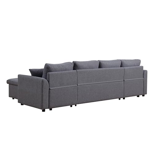 U Shaped Convertible Sectional Sofa with Double Chaise and Pull Out Bed , Fabric Upholstered Reversible Corner Couch Sleeper Sofabed w/ Storage , 5 Seater Sofacama with Throw Pillows for Living Room