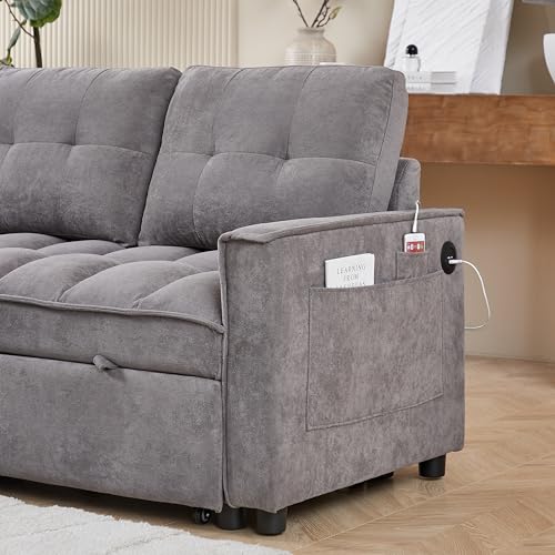 Chenille Convertible Sleeper Sectional Sofa with Reversible Storage Chaise and Pull Out Couch Bed , L Shaped Corner Sofabed with USB and tape-c Charging Ports for Living Room Office Small Places