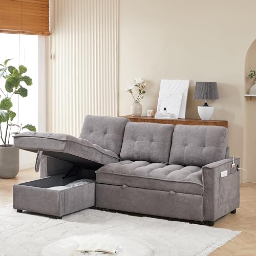 Chenille Convertible Sleeper Sectional Sofa with Reversible Storage Chaise and Pull Out Couch Bed , L Shaped Corner Sofabed with USB and tape-c Charging Ports for Living Room Office Small Places