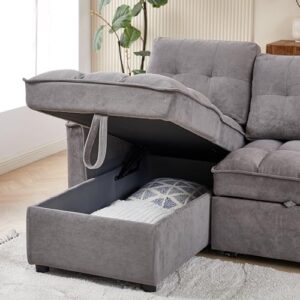 Chenille Convertible Sleeper Sectional Sofa with Reversible Storage Chaise and Pull Out Couch Bed , L Shaped Corner Sofabed with USB and tape-c Charging Ports for Living Room Office Small Places