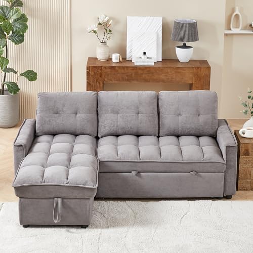 Chenille Convertible Sleeper Sectional Sofa with Reversible Storage Chaise and Pull Out Couch Bed , L Shaped Corner Sofabed with USB and tape-c Charging Ports for Living Room Office Small Places