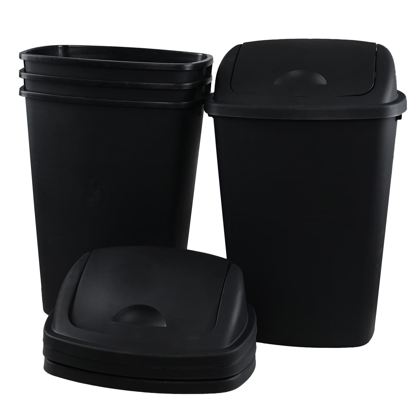 Xowine 13 Gallon Plastic Waste Basket Swing Top, 4 Pack Black Plastic Trash Can with Lid for Kitchen