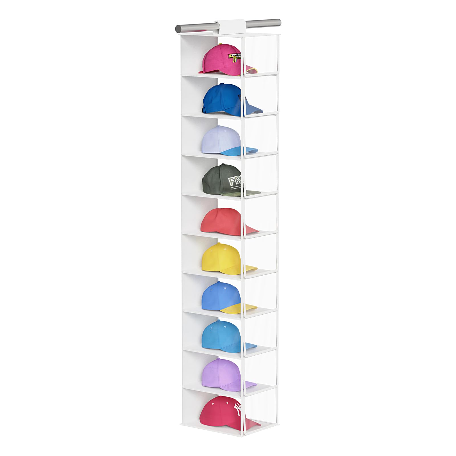 KEEGH Hat Rack with Dust Cover All-Round Protect 10 Shelf Hat Storage Hat Organizer for Baseball Caps, Visible Baseball Cap Organizer Hat Holder for Closet, Clear/White